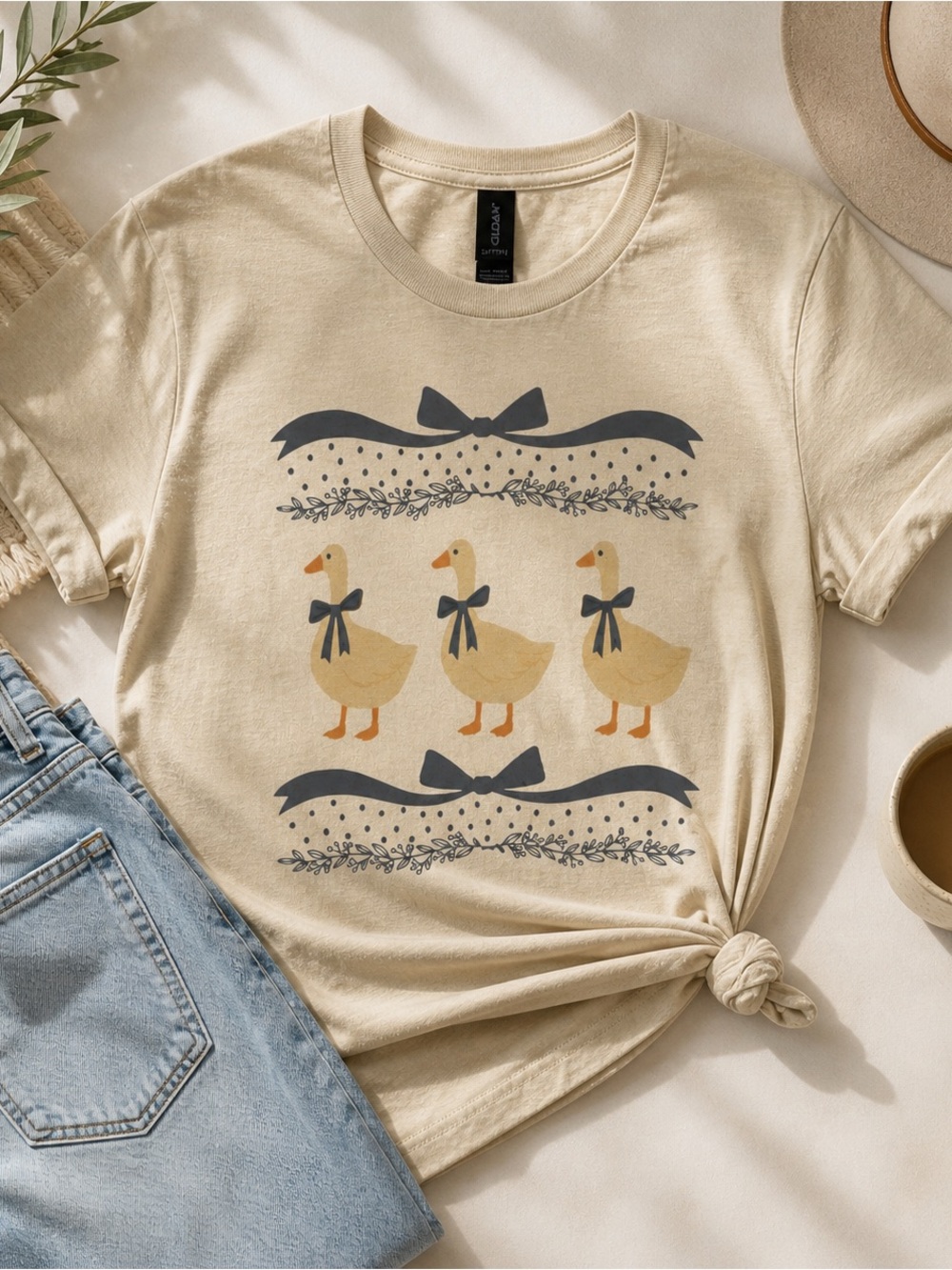 Vintage Goose Bow Graphic Tee | Soft Neutral Cottagecore Farmhouse Shirt